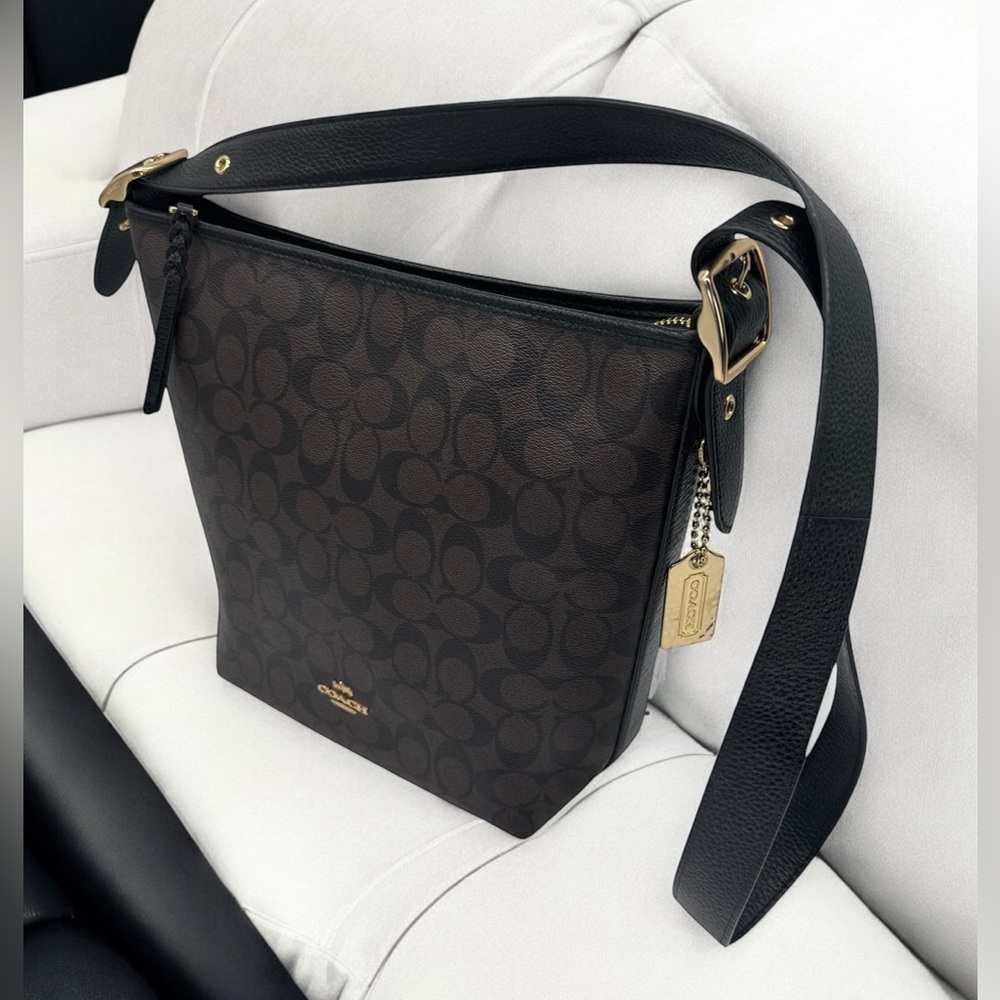 Coach Brown Signature Canvas Shoulder Bag with Black Leather Strap